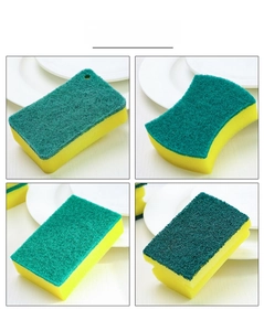 Detailed comparison of four dual-sided kitchen scrubbing sponges in various ergonomic shapes