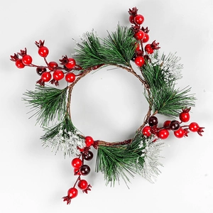 Christmas Wreath Candle Ring Artificial Pine Needle Red Berry Frosted Snow Decoration For Table Door Holiday Ornament
