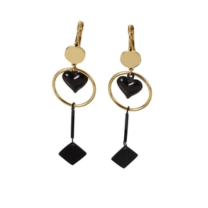 Modern gold titanium steel earrings with heart and geometric charms on white background