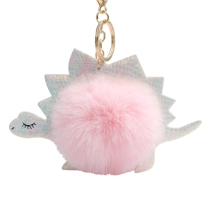 Cute Dinosaur Keychain Faux Fur Plush Ball Iridescent Holographic PU Leather Bag Charm Cartoon Aesthetic For Women