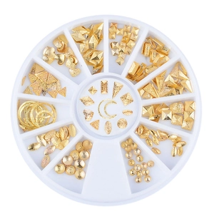 12-grid wheel set of golden nail art charms in various geometric and moon shapes