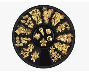 Golden ocean theme nail art rivets with shells, turtles and starfish in a storage box