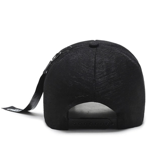 Rear view of black hip hop baseball cap with metal rings, long ribbons and snapback