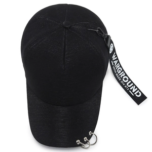 Black street style baseball cap with silver rings and printed ribbons for men and women