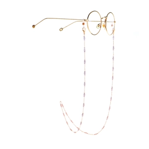Fashionable eyeglass chain with alternating pink and white pearls and gold metal links