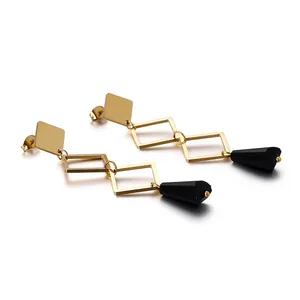 Stainless Steel Geometric Square Long Drop Earrings With Black Pyramid Pendant Modern Minimalist Style For Women
