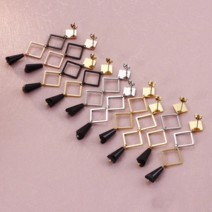 Minimalist geometric square earrings with black teardrop charms in gold, silver and black