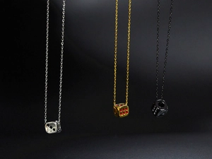 Three-color titanium steel dice pendant necklaces in silver gold and black finishes