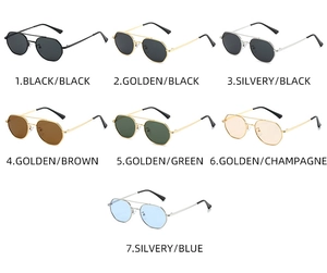 Detailed view of polarized aviator sunglasses with geometric metal frames in seven colors
