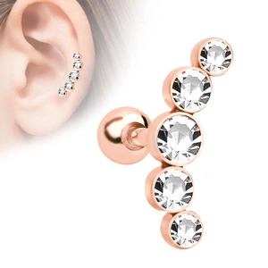 Rose gold stainless steel helix stud earring with curved five-crystal arrangement