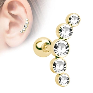 Gold stainless steel stud earring with five curved cubic zirconia crystals for helix piercing