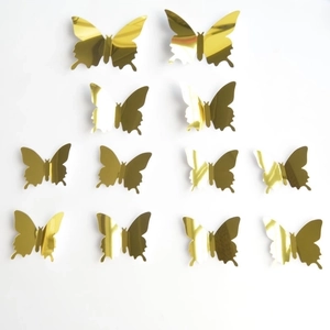 Set of 12 gold 3D mirror butterfly wall stickers in small, medium and large sizes