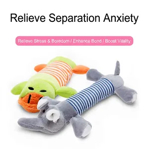 Interactive squeaky dog plush toy set featuring striped elephant and duck designs