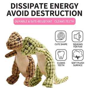 Durable squeaky plush dinosaur dog toys made of textured pineapple fleece for teeth cleaning