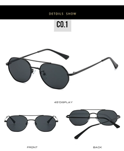 Detailed multi-angle views of black metal polarized sunglasses showing front and side frames