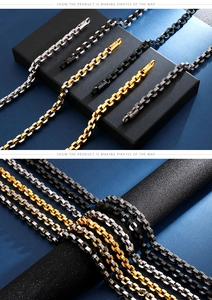 Detail of stainless steel box chains in silver gold and black with lobster clasps