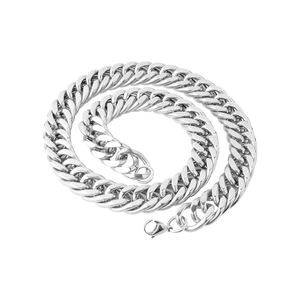 Silver cuban link chain necklace for men with polished metal texture on white background