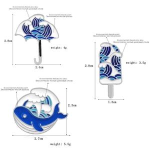 Detailed specs for enamel wave pin set with sizes for whale, popsicle and umbrella styles