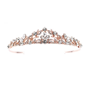 Detail of rose gold crystal headband featuring elegant wavy floral patterns and rhinestones