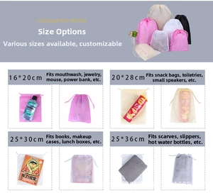 Size chart for non-woven drawstring bags showing storage capacity for shoes and clothes