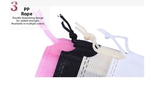 Detail of non-woven drawstring storage bag showing the PP rope and dual closure structure