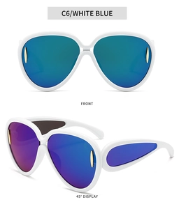 Vues de face et à 45 degrés de lunettes de soleil blanches avec verres bleus polarisés