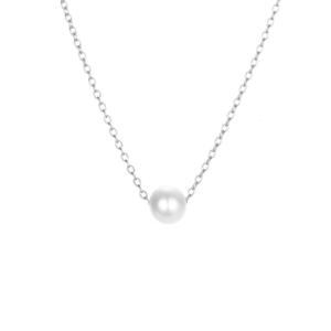 Elegant silver stainless steel chain necklace featuring a single round white pearl pendant