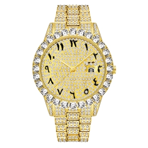 Men Quartz Watch Full Rhinestone Iced Out Stainless Steel Arabic Numerals Date Luxury Hip Hop Fashion Waterproof
