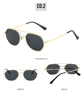 Three-angle display of hexagonal gold metal sunglasses with double bridge and dark lenses