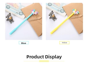 Detail of blue and yellow cartoon unicorn gel pens with cute 3D rainbow topper decorations
