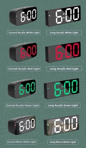 Matrix display of curved and rectangular LED mirror alarm clocks with colorful digital fonts