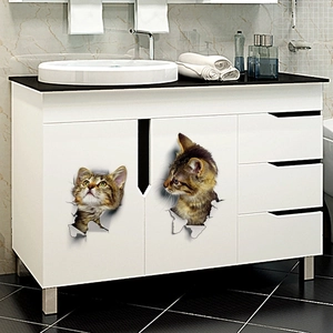 3D cute white cat wall stickers on white bathroom cabinet with black marble countertop
