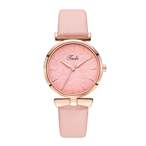 Fashionable pink leather strap watch with rose gold case and elegant leaf pattern dial