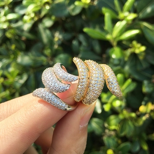 Zircon Micro Pave Open Ring Copper Geometric Wave Feather Design Adjustable Jewelry For Women Chic Trendy