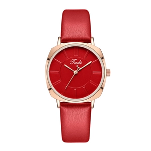 Minimalist ultra-thin women's watch with red leather strap and rose gold alloy case