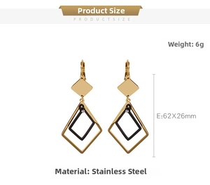 Detailed view of geometric diamond earrings with dimensions 62x26mm in stainless steel