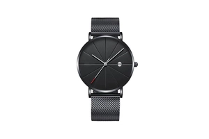Detail view of black mesh band watch with calendar display and red second hand