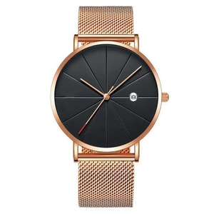 Minimalist men's quartz watch with rose gold mesh band and geometric black dial