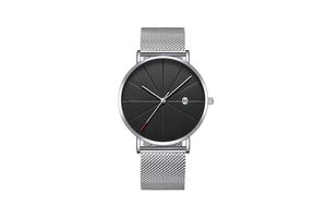 Detail of silver mesh band watch with black calendar dial and red tipped second hand