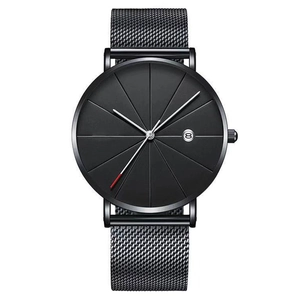 Minimalist men's black watch with mesh metal strap and date display on a white background
