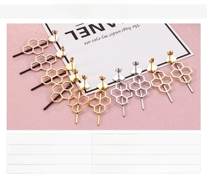 Detail view showing geometric honeycomb earrings in gold, rose gold and silver steel