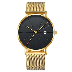Minimalist gold mesh strap watch with black dial and date display on white background