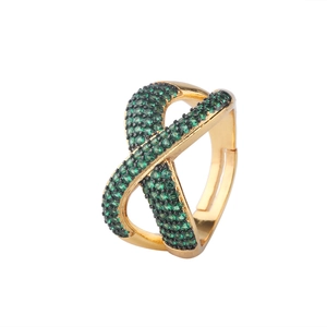 Adjustable golden infinity ring with pavé-set green cubic zirconia stones