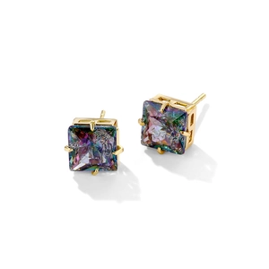 Rainbow cubic zirconia square stud earrings with golden four-prong setting