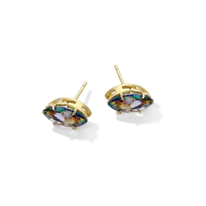 Macro shot of marquise-cut rainbow crystals in gold-plated four-claw stud earrings