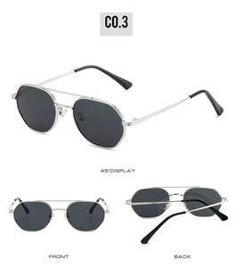 Detail view of silver metal double-bridge sunglasses with polarized gray lenses