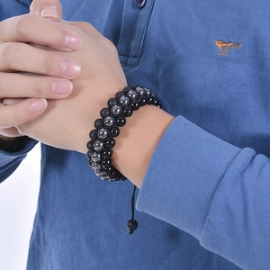 Three-layer adjustable beaded bracelet featuring natural black onyx and lava stone for men