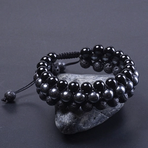 Natural Black Agate Lava Stone Hematite Triple Row Beaded Bracelet Adjustable Braided Rope Jewelry Men Women
