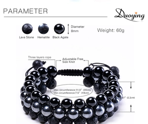 Detail of 8mm lava stone, hematite, and black agate beads on an adjustable triple bracelet