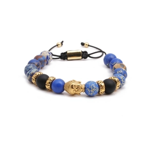 Bracciale regolabile in acciaio inossidabile con pietre imperiali blu e testa di Buddha d'oro
